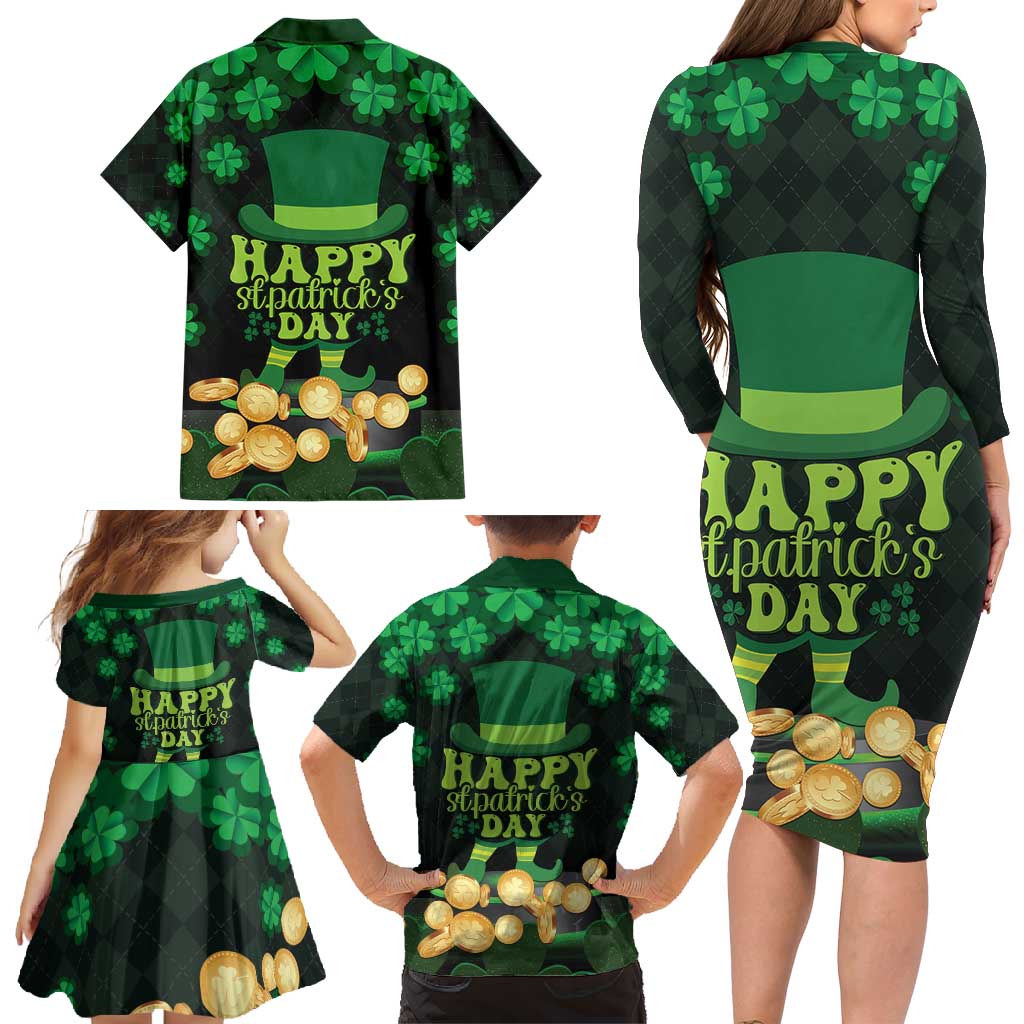 Ireland St Patrick's Day Family Matching Long Sleeve Bodycon Dress and Hawaiian Shirt Irish Shamrocks Leprechaun - Wonder Print Shop