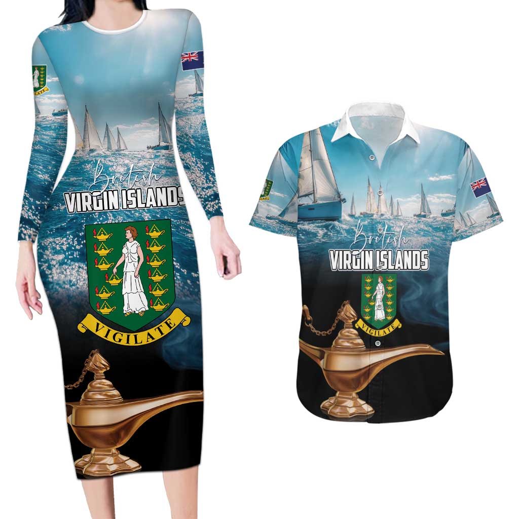 Personalised British Virgin Islands Couples Matching Long Sleeve Bodycon Dress and Hawaiian Shirt Vigilate Golden Lamps