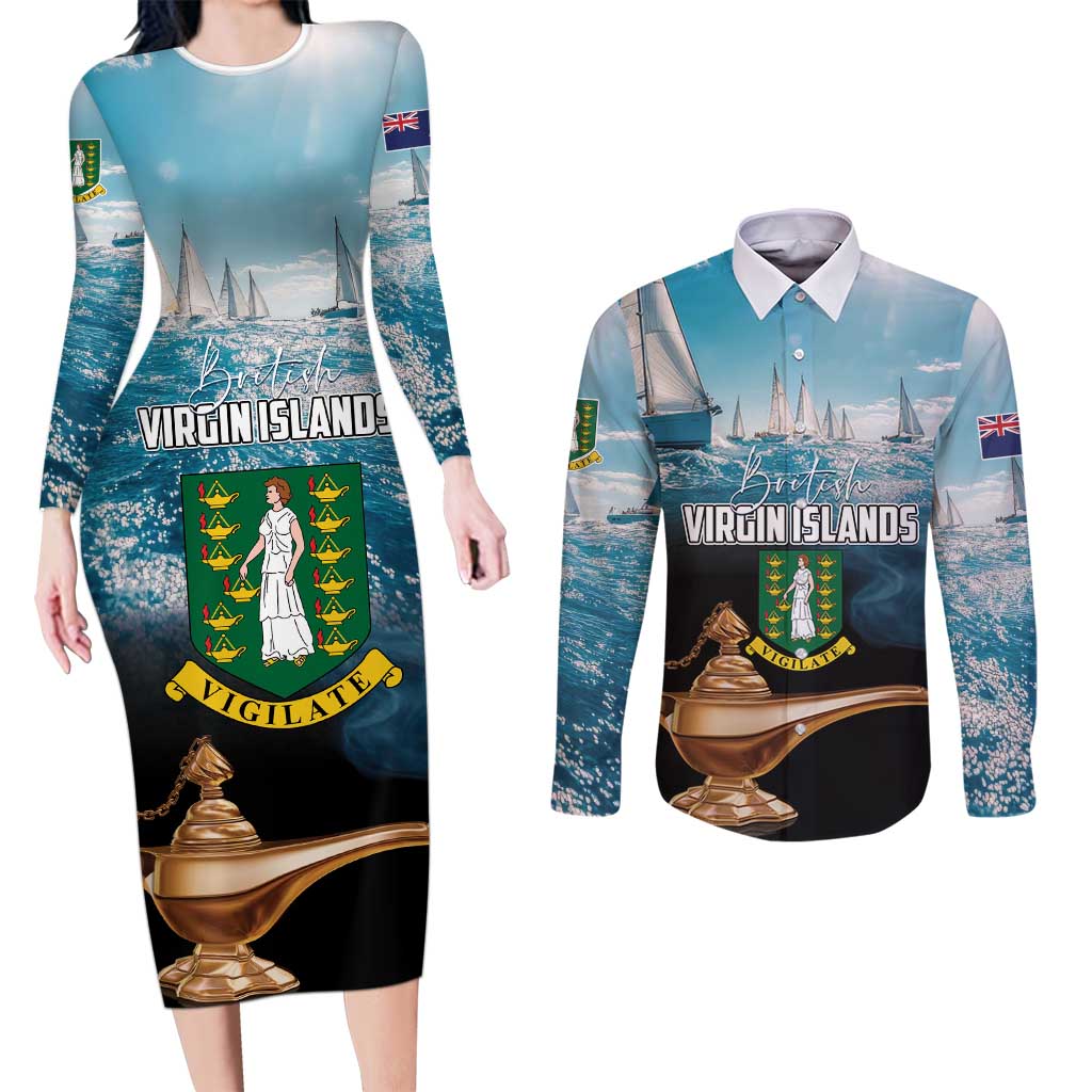 Personalised British Virgin Islands Couples Matching Long Sleeve Bodycon Dress and Long Sleeve Button Shirt Vigilate Golden Lamps