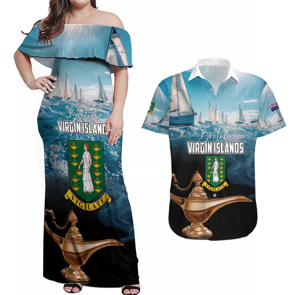 Personalised British Virgin Islands Couples Matching Off Shoulder Maxi Dress and Hawaiian Shirt Vigilate Golden Lamps