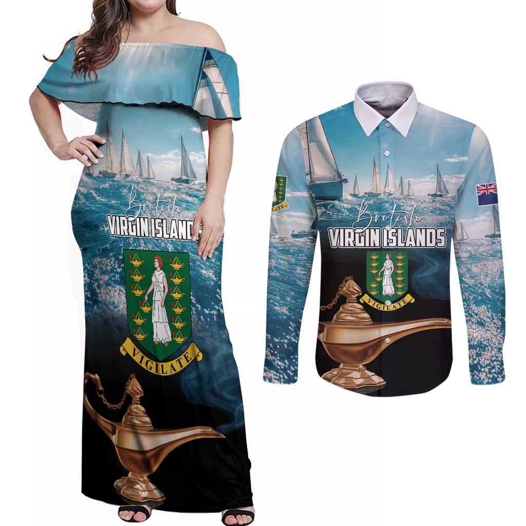 Personalised British Virgin Islands Couples Matching Off Shoulder Maxi Dress and Long Sleeve Button Shirt Vigilate Golden Lamps