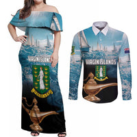 Personalised British Virgin Islands Couples Matching Off Shoulder Maxi Dress and Long Sleeve Button Shirt Vigilate Golden Lamps