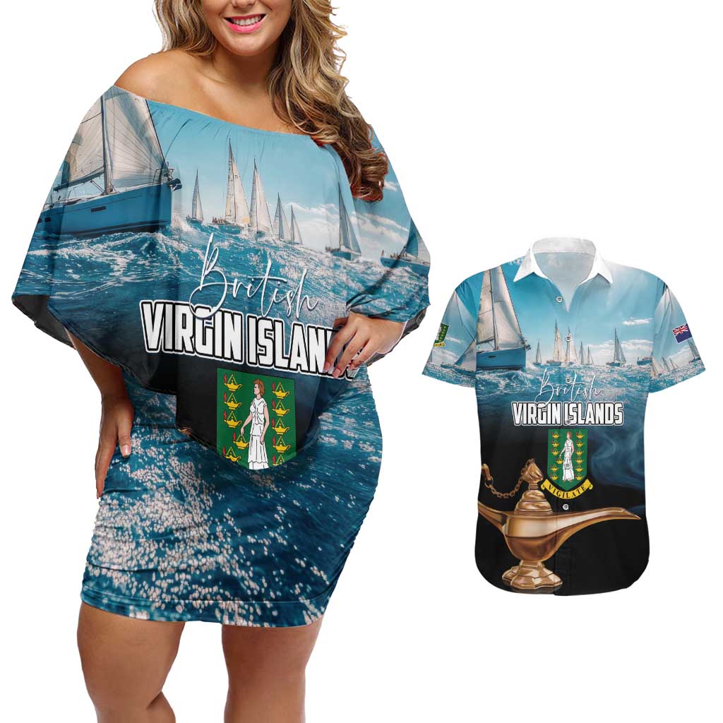 Personalised British Virgin Islands Couples Matching Off Shoulder Short Dress and Hawaiian Shirt Vigilate Golden Lamps