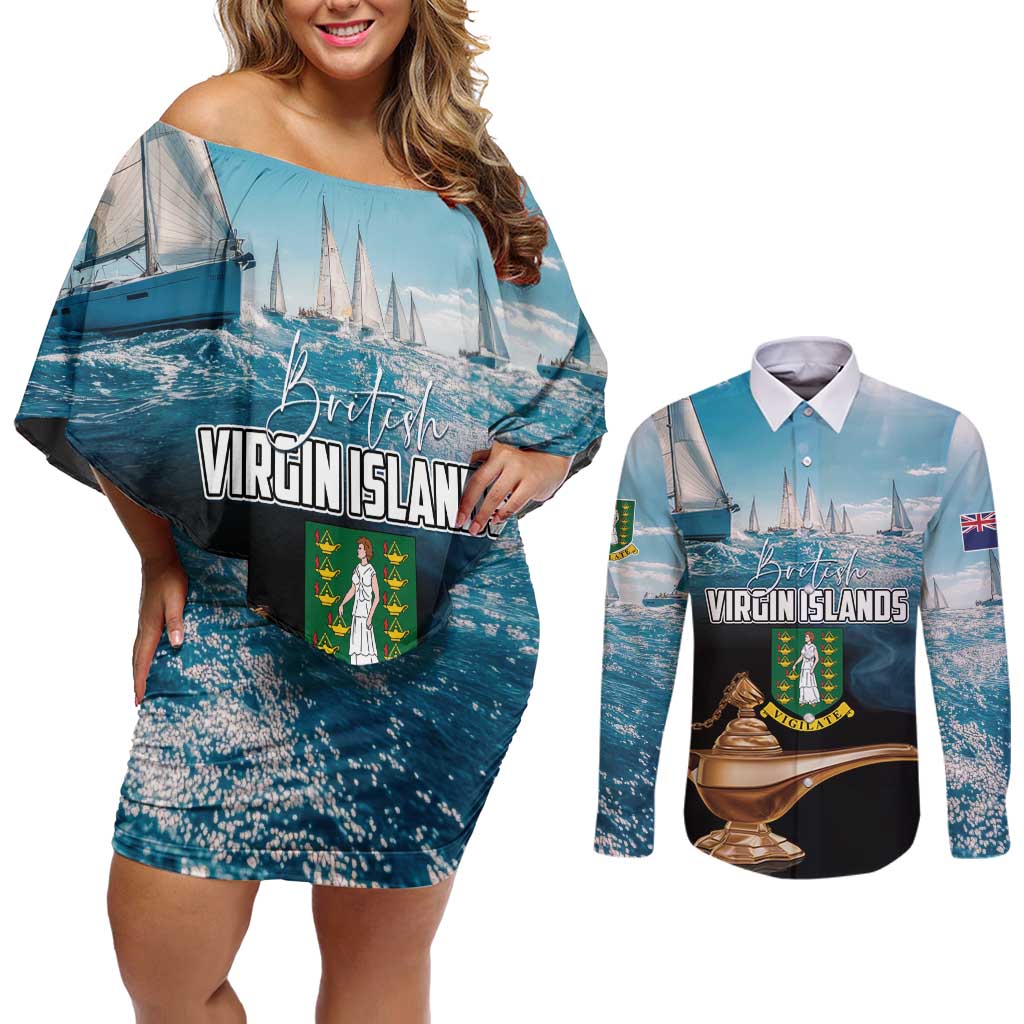 Personalised British Virgin Islands Couples Matching Off Shoulder Short Dress and Long Sleeve Button Shirt Vigilate Golden Lamps