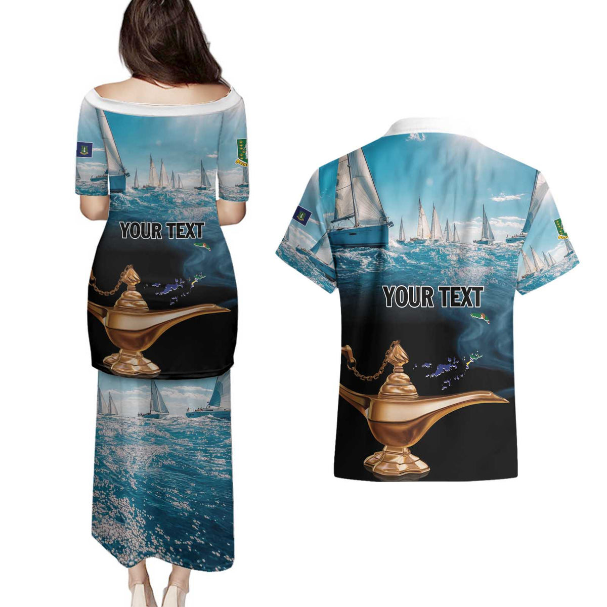 Personalised British Virgin Islands Couples Matching Puletasi and Hawaiian Shirt Vigilate Golden Lamps