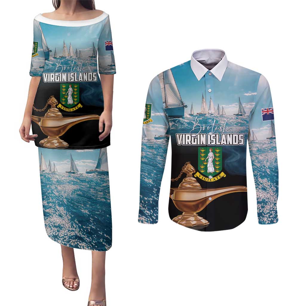 Personalised British Virgin Islands Couples Matching Puletasi and Long Sleeve Button Shirt Vigilate Golden Lamps