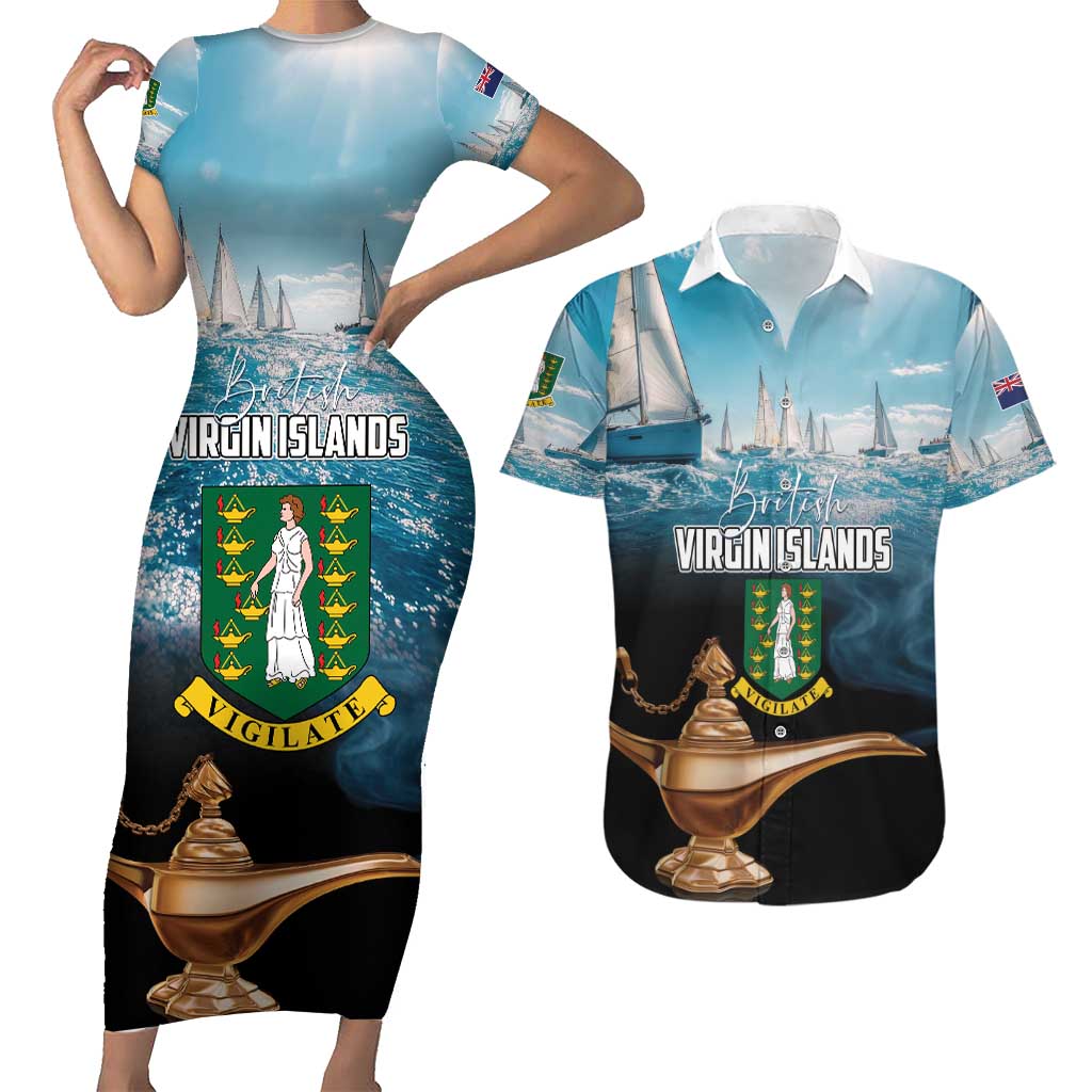 Personalised British Virgin Islands Couples Matching Short Sleeve Bodycon Dress and Hawaiian Shirt Vigilate Golden Lamps