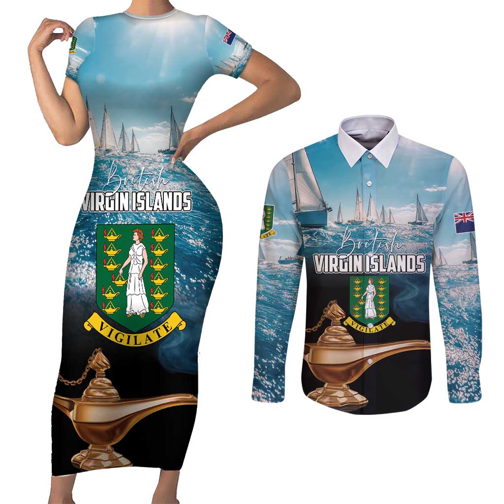 Personalised British Virgin Islands Couples Matching Short Sleeve Bodycon Dress and Long Sleeve Button Shirt Vigilate Golden Lamps