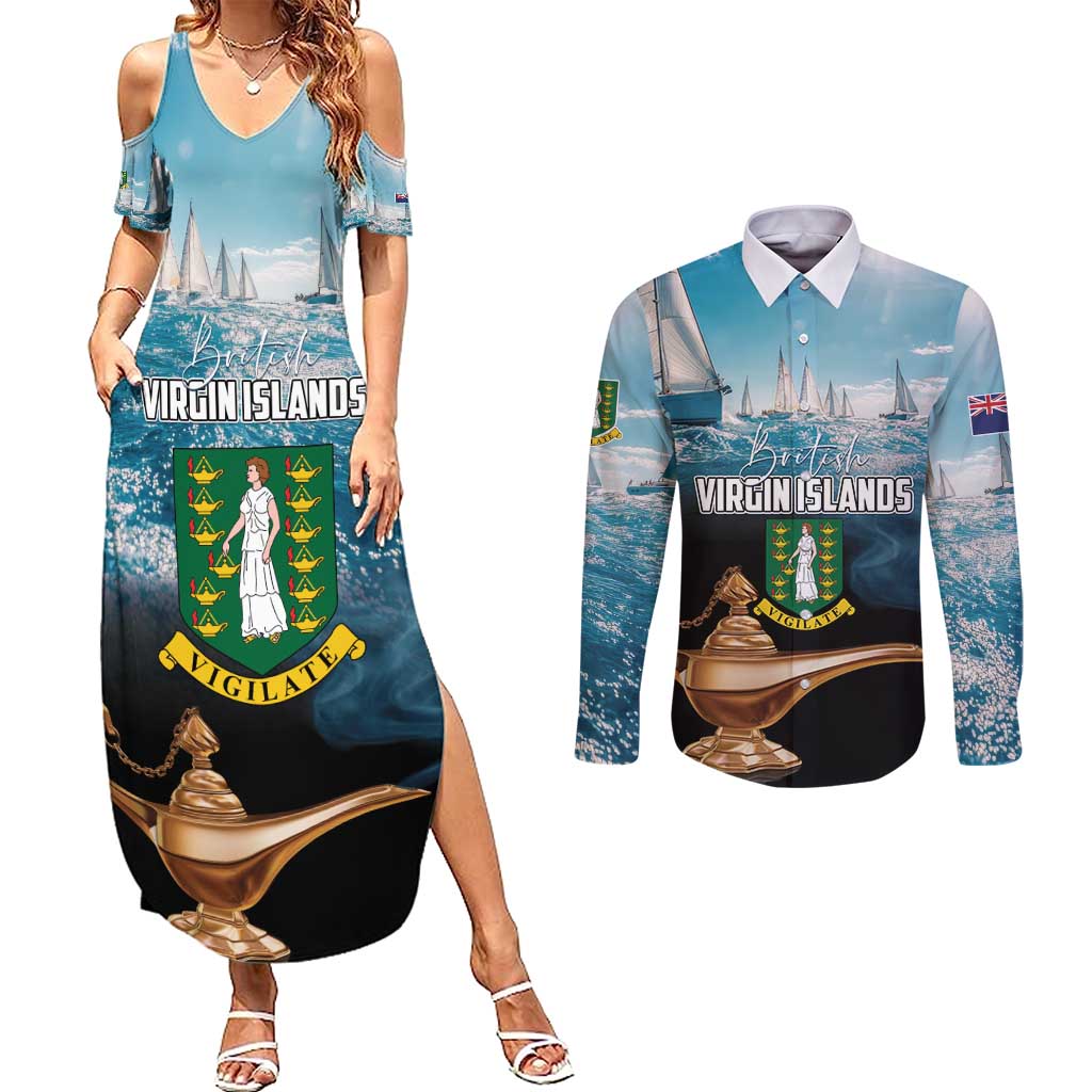 Personalised British Virgin Islands Couples Matching Summer Maxi Dress and Long Sleeve Button Shirt Vigilate Golden Lamps