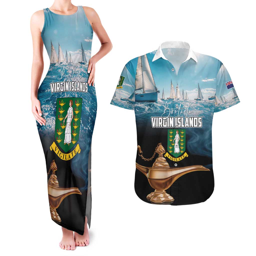 Personalised British Virgin Islands Couples Matching Tank Maxi Dress and Hawaiian Shirt Vigilate Golden Lamps