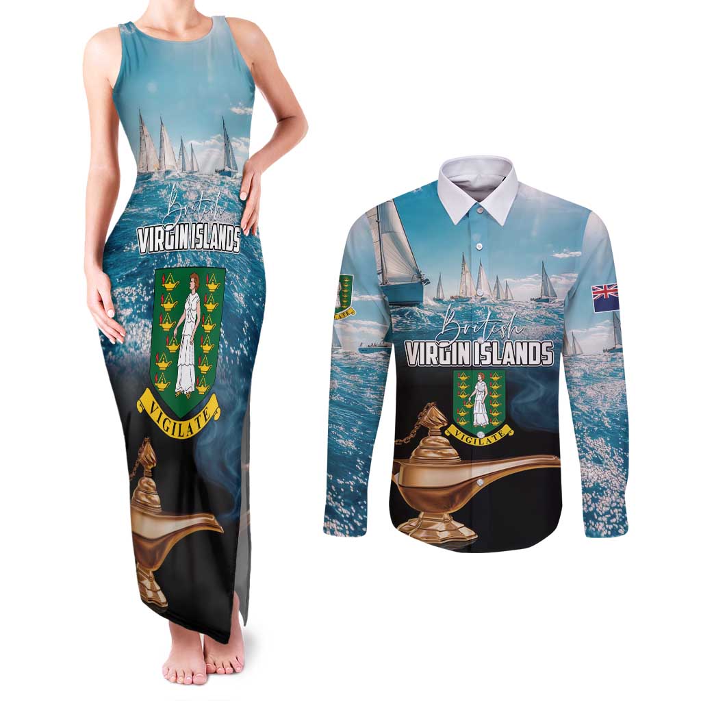 Personalised British Virgin Islands Couples Matching Tank Maxi Dress and Long Sleeve Button Shirt Vigilate Golden Lamps