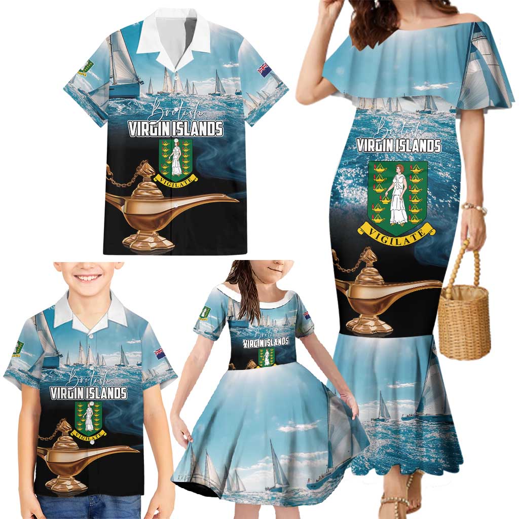 Personalised British Virgin Islands Family Matching Mermaid Dress and Hawaiian Shirt Vigilate Golden Lamps - Wonder Print Shop