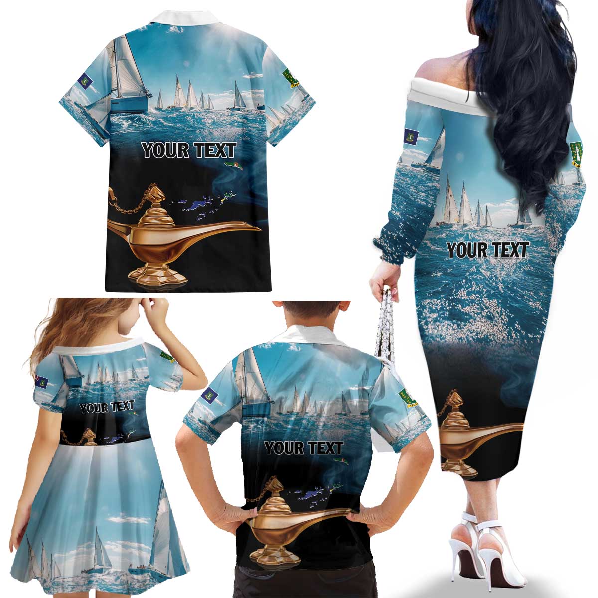 Personalised British Virgin Islands Family Matching Off The Shoulder Long Sleeve Dress and Hawaiian Shirt Vigilate Golden Lamps