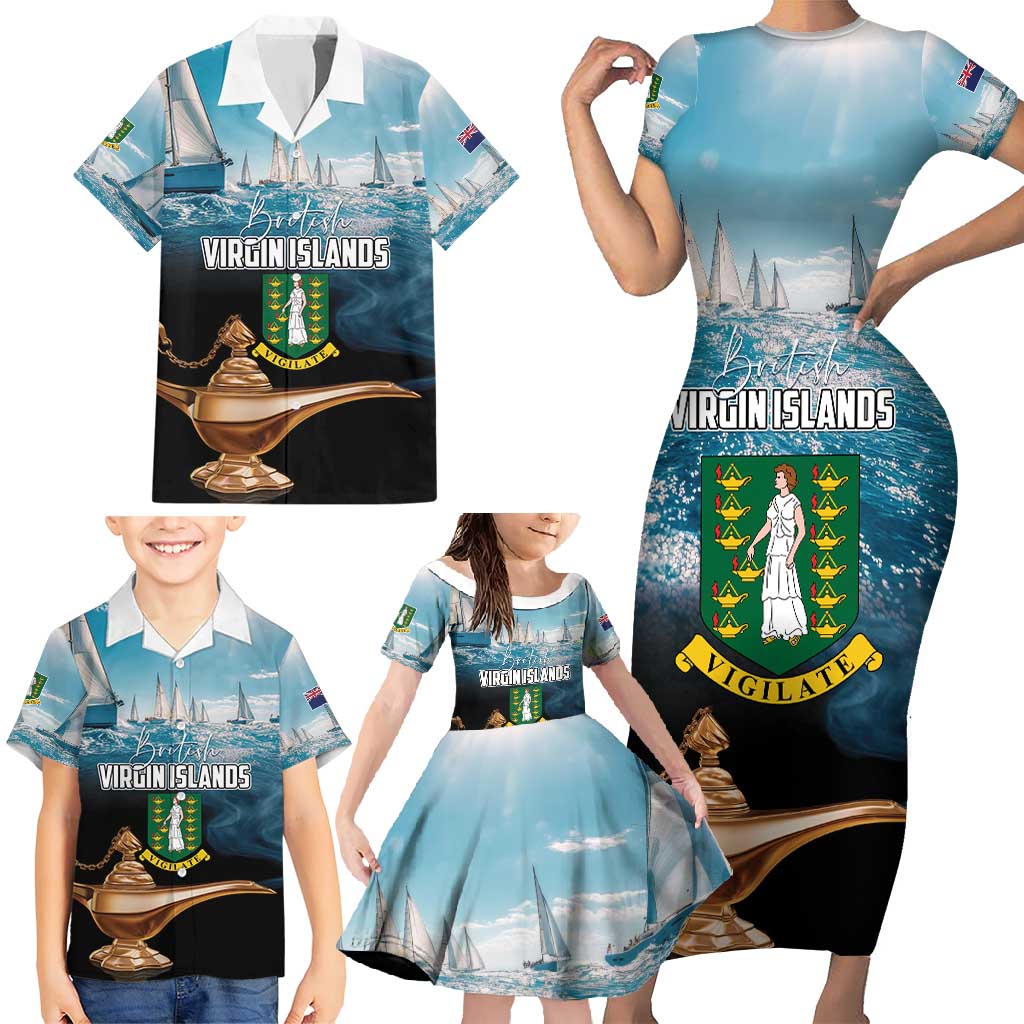 Personalised British Virgin Islands Family Matching Short Sleeve Bodycon Dress and Hawaiian Shirt Vigilate Golden Lamps - Wonder Print Shop