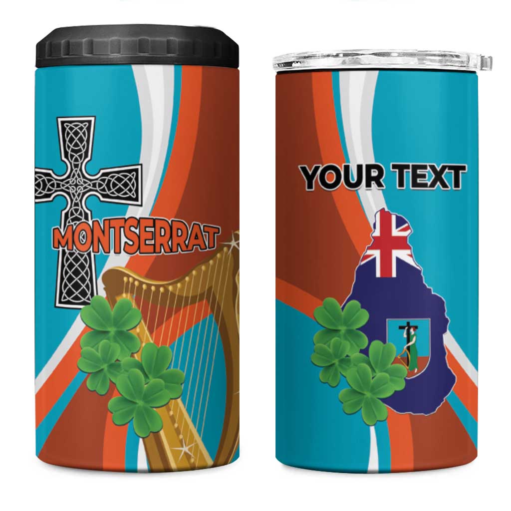 Personalised Montserrat 4 in 1 Can Cooler Tumbler Gold Harp And Black Cross