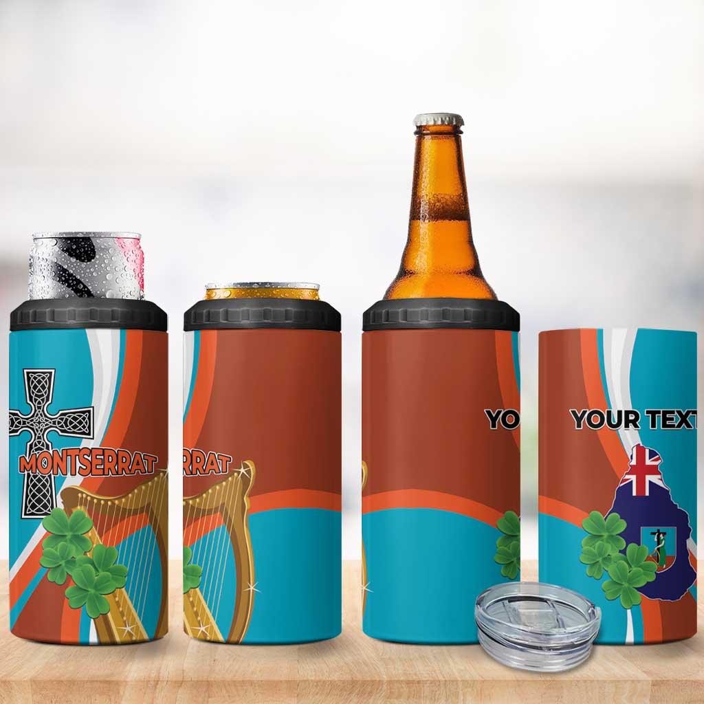 Personalised Montserrat 4 in 1 Can Cooler Tumbler Gold Harp And Black Cross