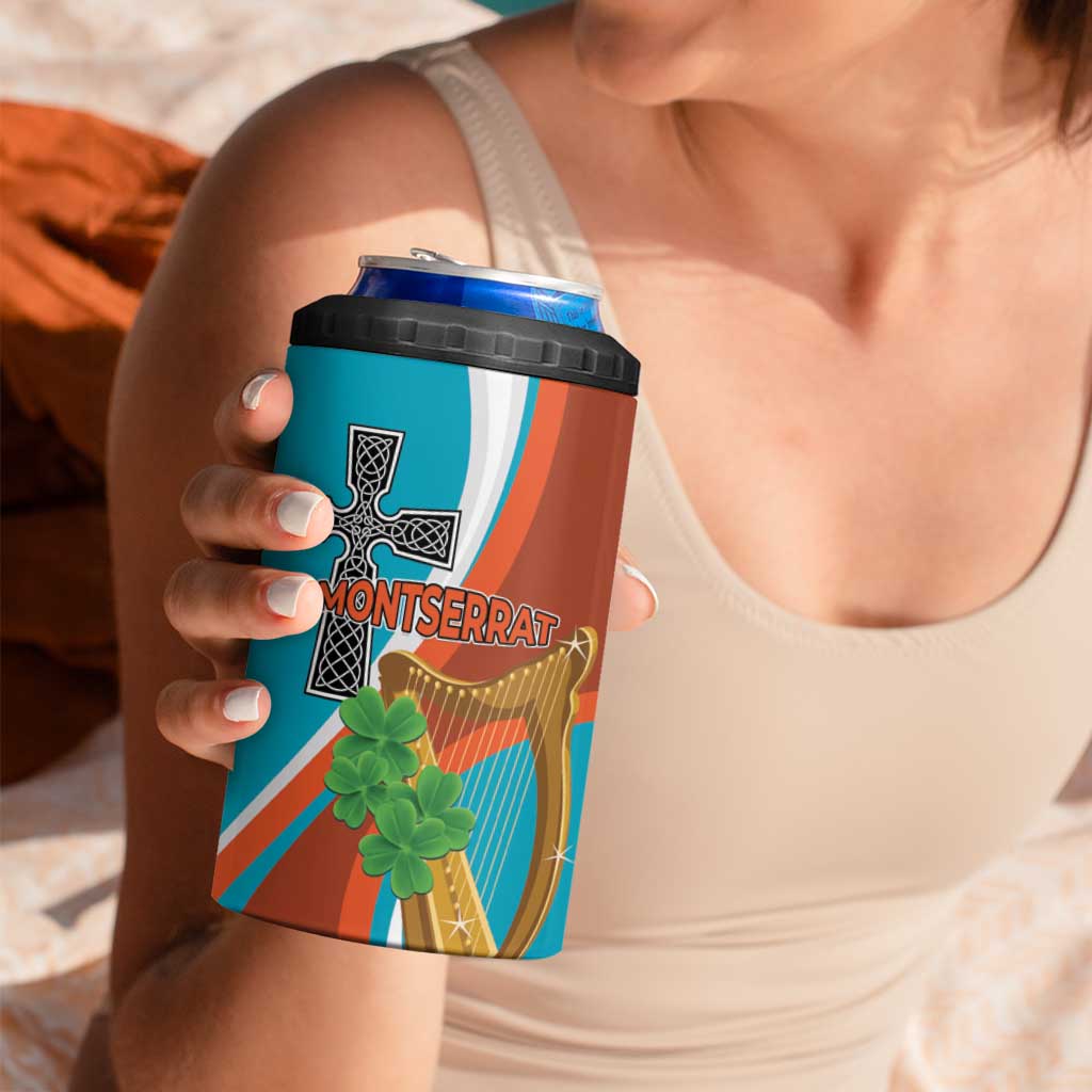 Personalised Montserrat 4 in 1 Can Cooler Tumbler Gold Harp And Black Cross
