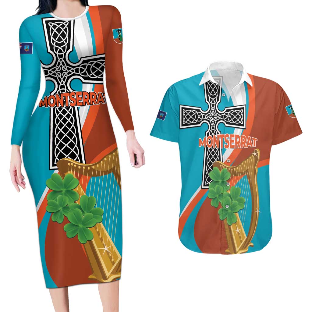 Personalised Montserrat Couples Matching Long Sleeve Bodycon Dress and Hawaiian Shirt Gold Harp And Black Cross