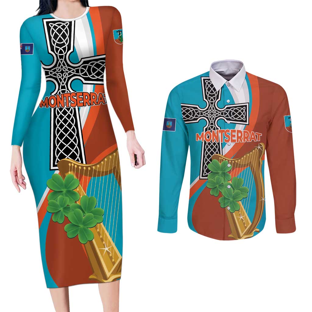 Personalised Montserrat Couples Matching Long Sleeve Bodycon Dress and Long Sleeve Button Shirt Gold Harp And Black Cross