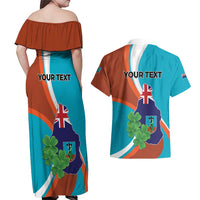 Personalised Montserrat Couples Matching Off Shoulder Maxi Dress and Hawaiian Shirt Gold Harp And Black Cross