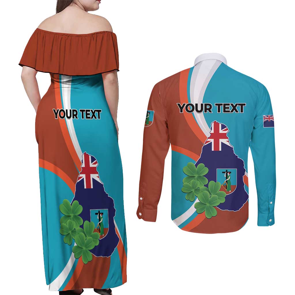 Personalised Montserrat Couples Matching Off Shoulder Maxi Dress and Long Sleeve Button Shirt Gold Harp And Black Cross