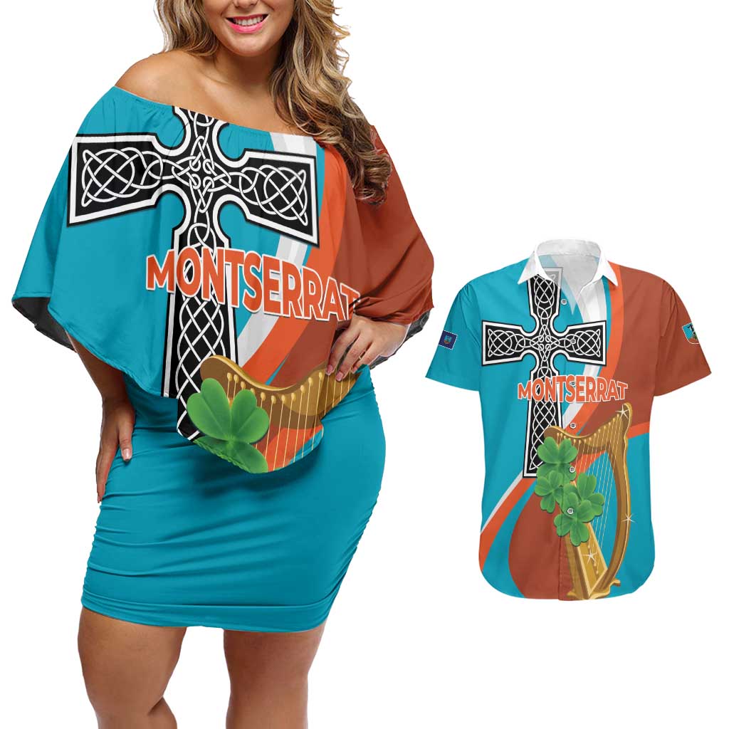 Personalised Montserrat Couples Matching Off Shoulder Short Dress and Hawaiian Shirt Gold Harp And Black Cross