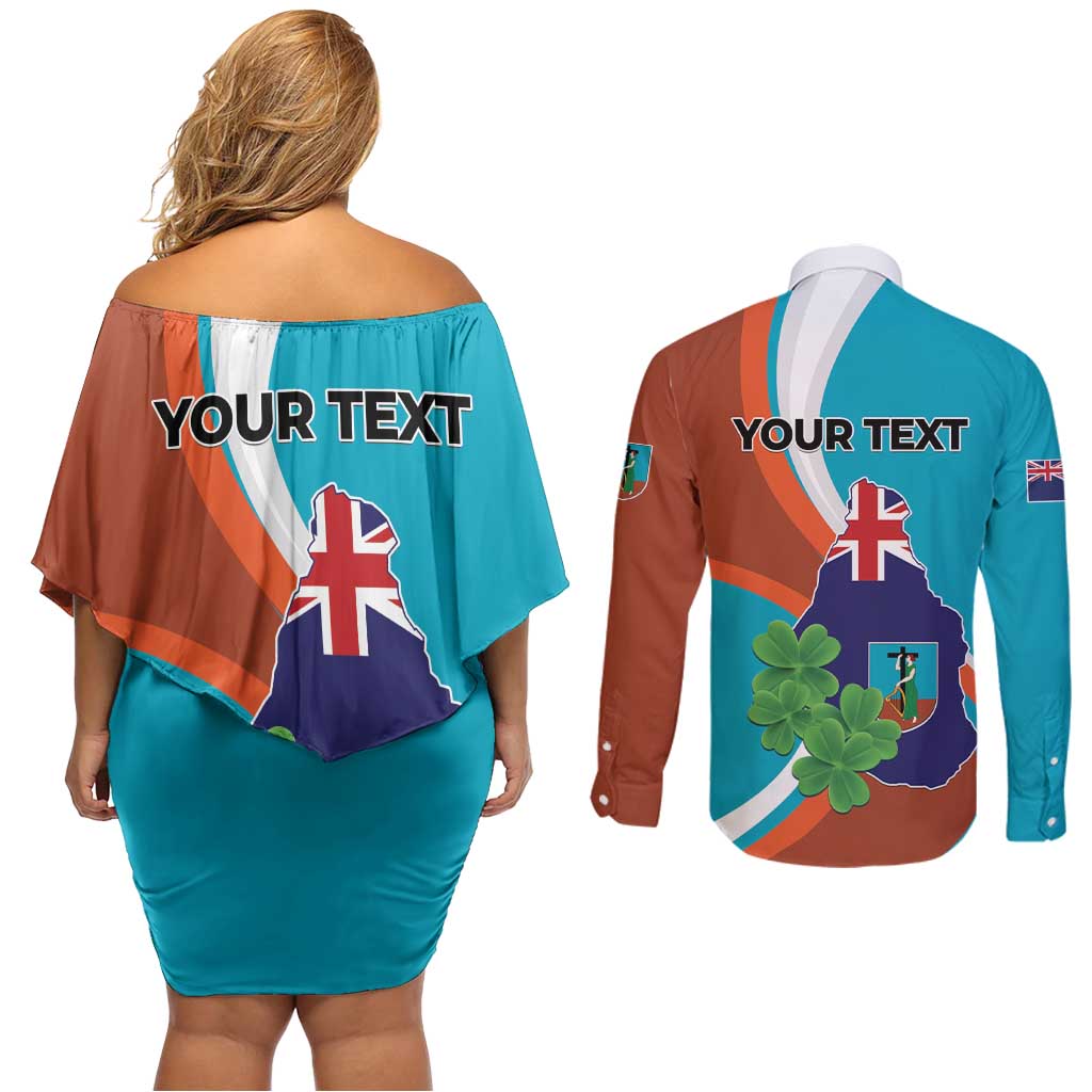 Personalised Montserrat Couples Matching Off Shoulder Short Dress and Long Sleeve Button Shirt Gold Harp And Black Cross