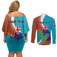 Personalised Montserrat Couples Matching Off Shoulder Short Dress and Long Sleeve Button Shirt Gold Harp And Black Cross