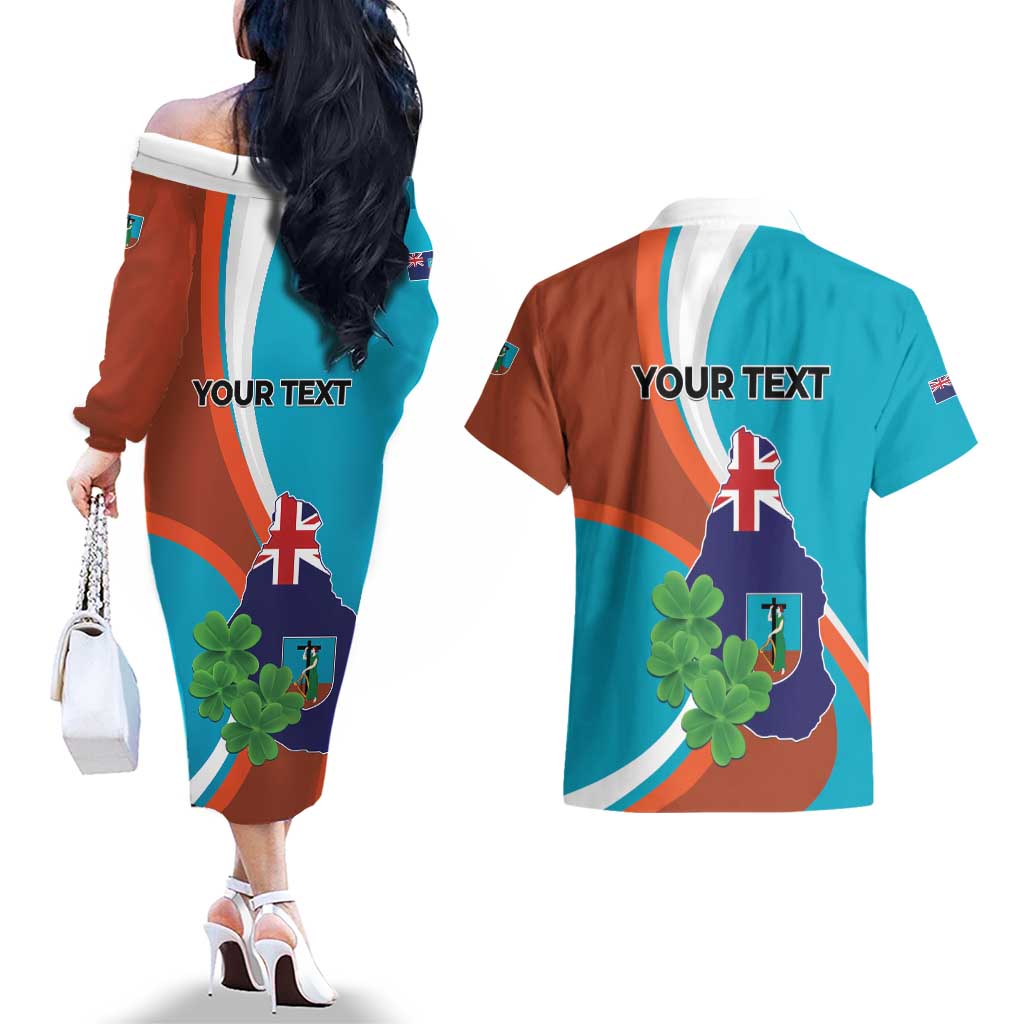 Personalised Montserrat Couples Matching Off The Shoulder Long Sleeve Dress and Hawaiian Shirt Gold Harp And Black Cross