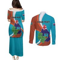 Personalised Montserrat Couples Matching Puletasi and Long Sleeve Button Shirt Gold Harp And Black Cross