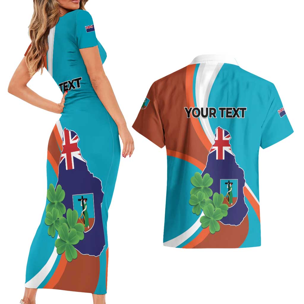 Personalised Montserrat Couples Matching Short Sleeve Bodycon Dress and Hawaiian Shirt Gold Harp And Black Cross