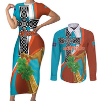 Personalised Montserrat Couples Matching Short Sleeve Bodycon Dress and Long Sleeve Button Shirt Gold Harp And Black Cross