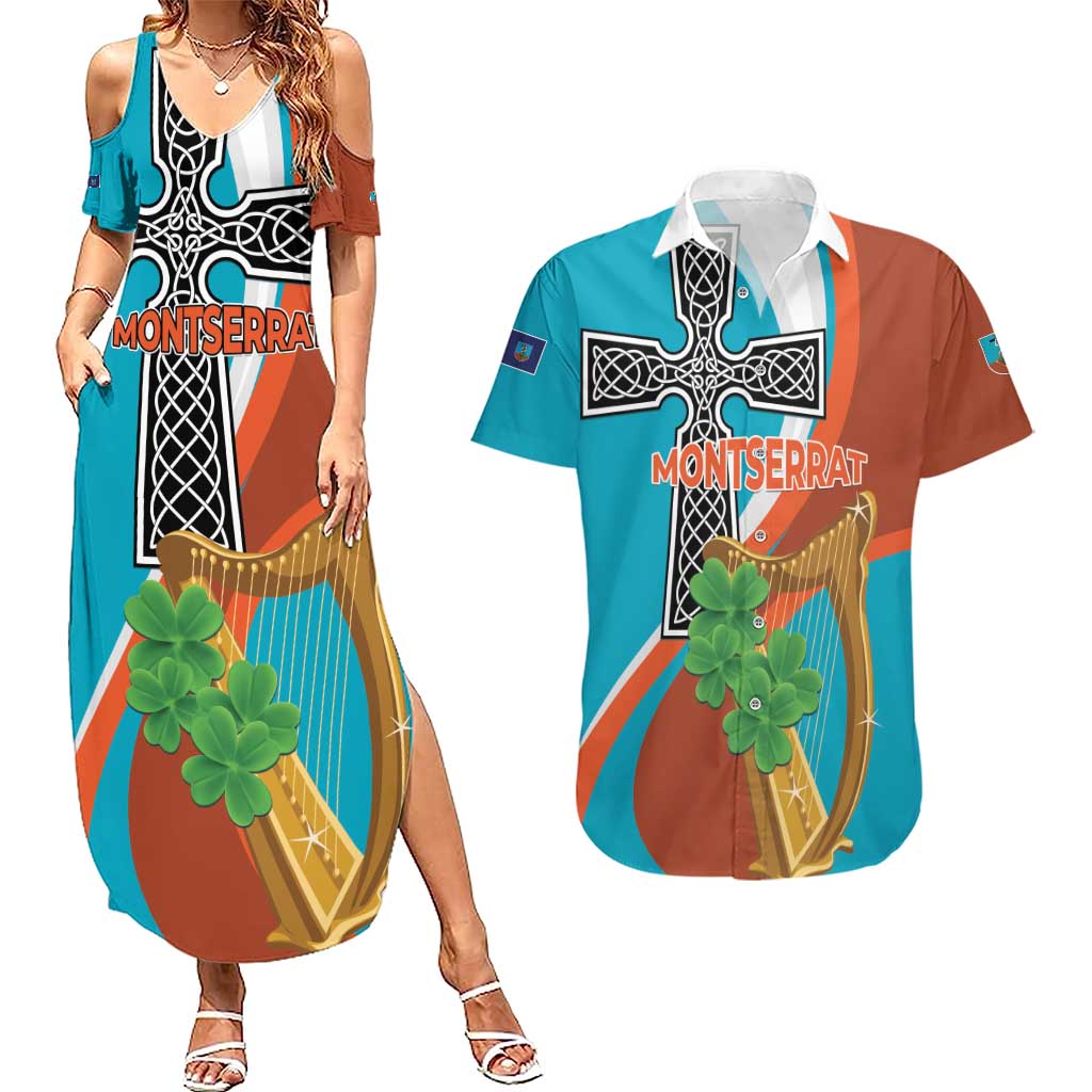 Personalised Montserrat Couples Matching Summer Maxi Dress and Hawaiian Shirt Gold Harp And Black Cross