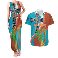 Personalised Montserrat Couples Matching Tank Maxi Dress and Hawaiian Shirt Gold Harp And Black Cross