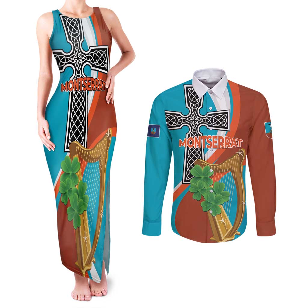 Personalised Montserrat Couples Matching Tank Maxi Dress and Long Sleeve Button Shirt Gold Harp And Black Cross