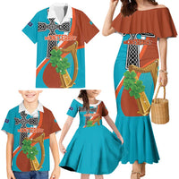 Personalised Montserrat Family Matching Mermaid Dress and Hawaiian Shirt Gold Harp And Black Cross - Wonder Print Shop