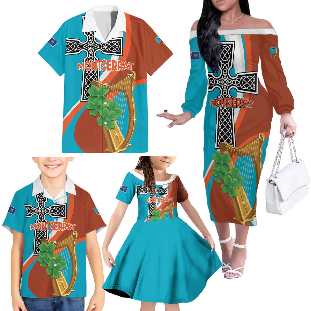 Personalised Montserrat Family Matching Off The Shoulder Long Sleeve Dress and Hawaiian Shirt Gold Harp And Black Cross