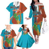 Personalised Montserrat Family Matching Off The Shoulder Long Sleeve Dress and Hawaiian Shirt Gold Harp And Black Cross