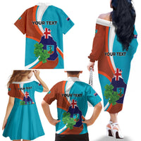 Personalised Montserrat Family Matching Off The Shoulder Long Sleeve Dress and Hawaiian Shirt Gold Harp And Black Cross