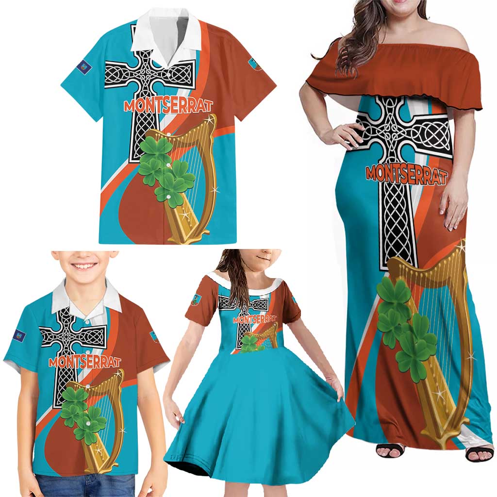 Personalised Montserrat Family Matching Off Shoulder Maxi Dress and Hawaiian Shirt Gold Harp And Black Cross - Wonder Print Shop