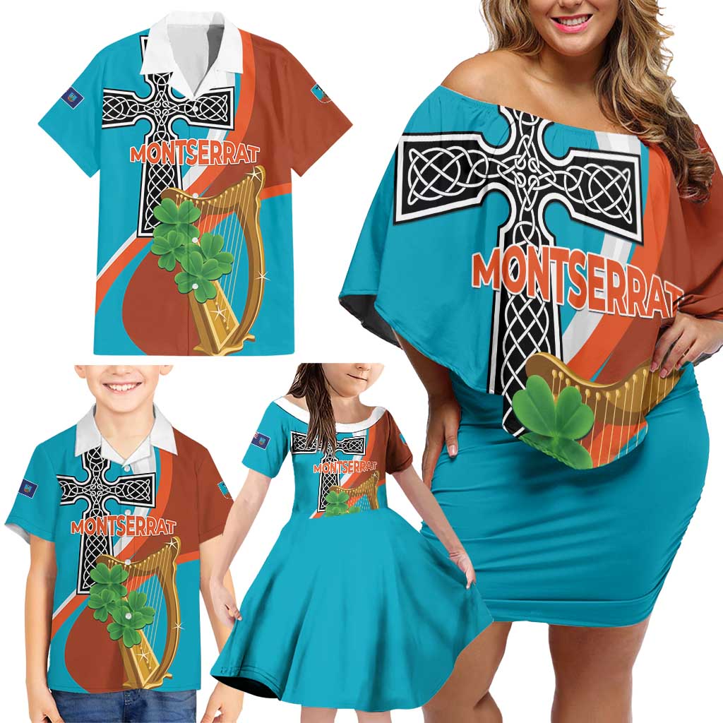 Personalised Montserrat Family Matching Off Shoulder Short Dress and Hawaiian Shirt Gold Harp And Black Cross - Wonder Print Shop