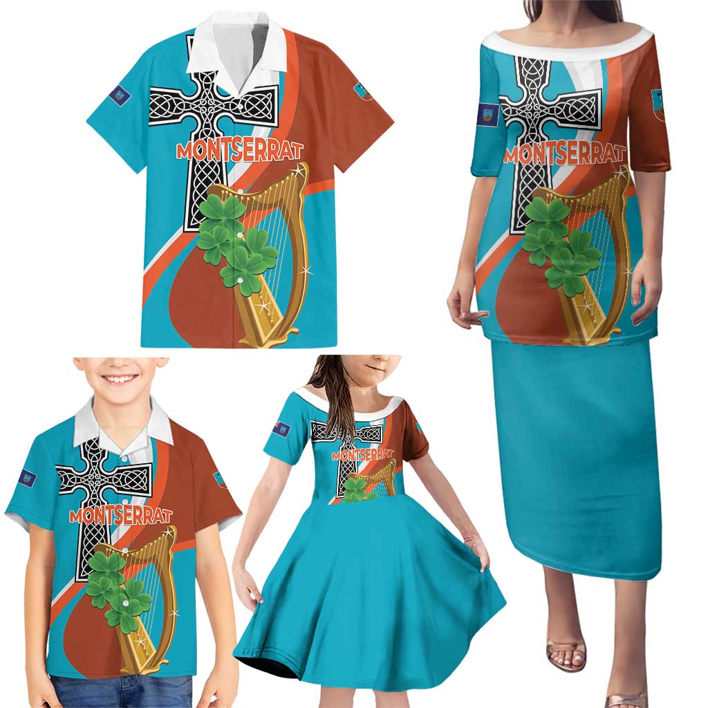 Personalised Montserrat Family Matching Puletasi and Hawaiian Shirt Gold Harp And Black Cross