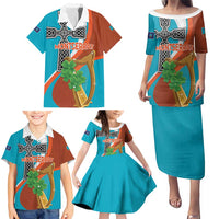 Personalised Montserrat Family Matching Puletasi and Hawaiian Shirt Gold Harp And Black Cross