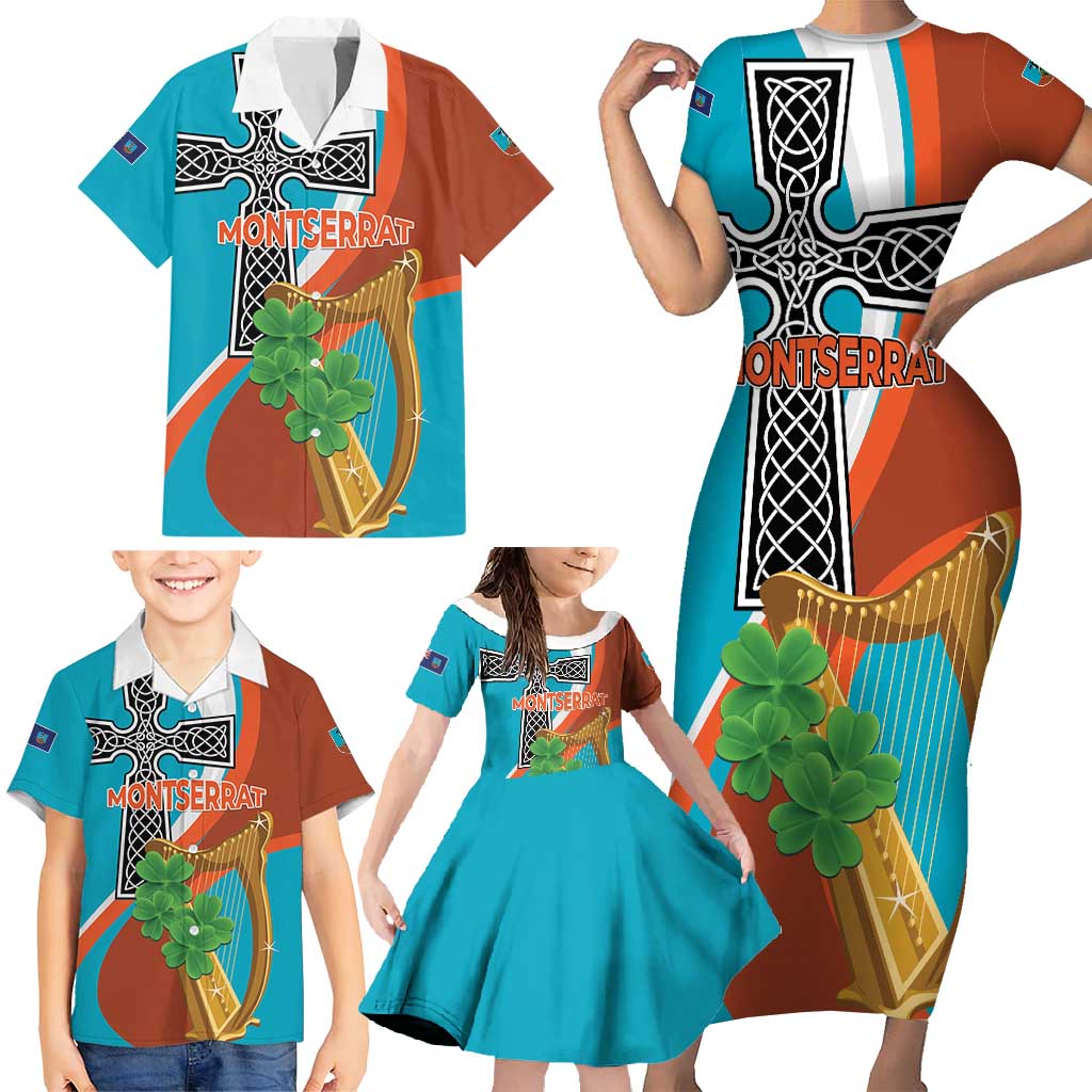 Personalised Montserrat Family Matching Short Sleeve Bodycon Dress and Hawaiian Shirt Gold Harp And Black Cross - Wonder Print Shop