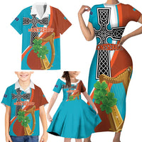 Personalised Montserrat Family Matching Short Sleeve Bodycon Dress and Hawaiian Shirt Gold Harp And Black Cross - Wonder Print Shop