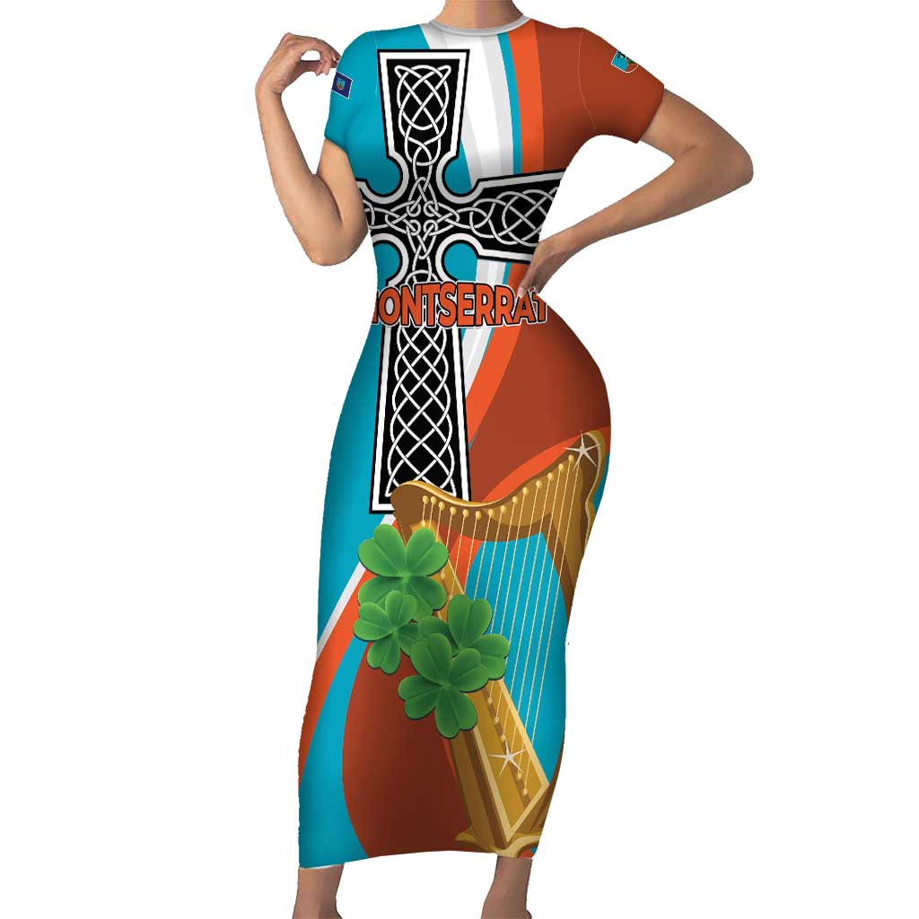 Personalised Montserrat Family Matching Short Sleeve Bodycon Dress and Hawaiian Shirt Gold Harp And Black Cross - Wonder Print Shop