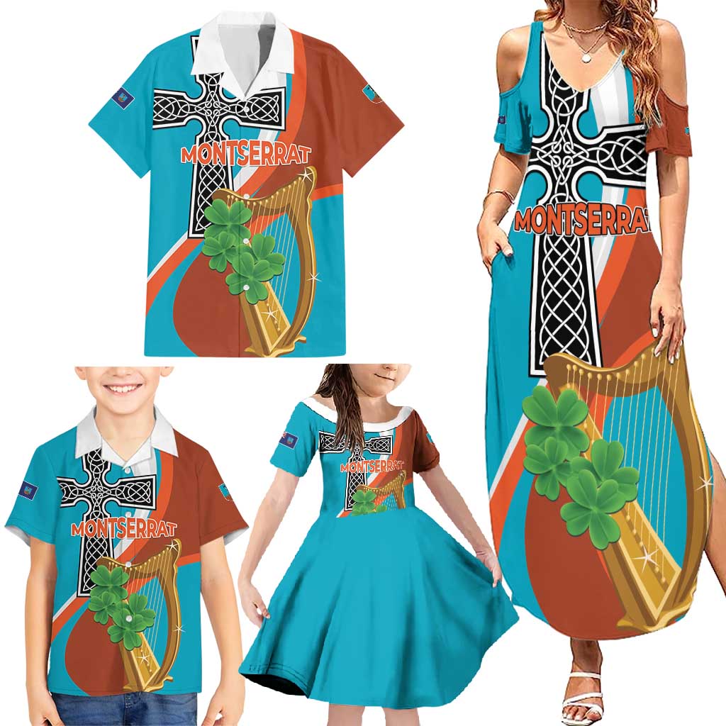 Personalised Montserrat Family Matching Summer Maxi Dress and Hawaiian Shirt Gold Harp And Black Cross - Wonder Print Shop