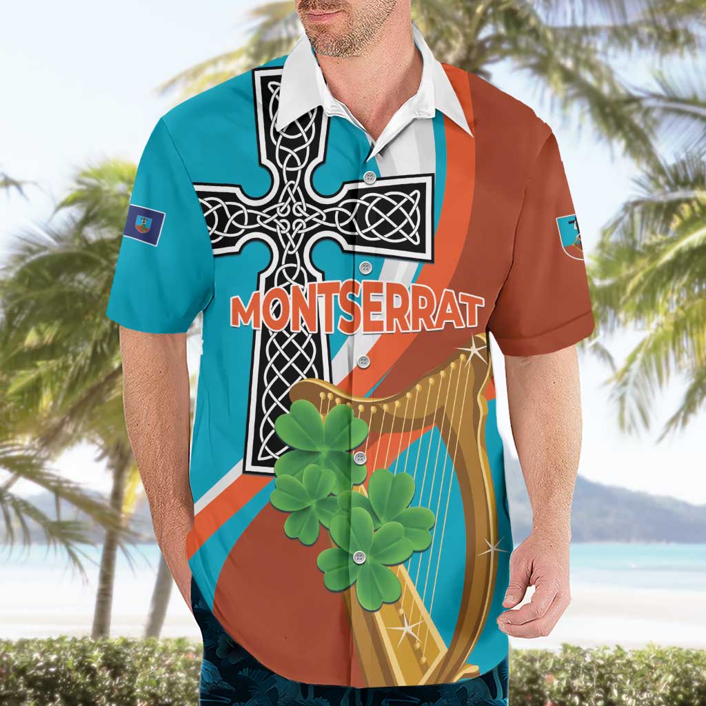 Personalised Montserrat Hawaiian Shirt Gold Harp And Black Cross - Wonder Print Shop