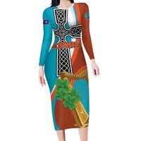 Personalised Montserrat Long Sleeve Bodycon Dress Gold Harp And Black Cross - Wonder Print Shop