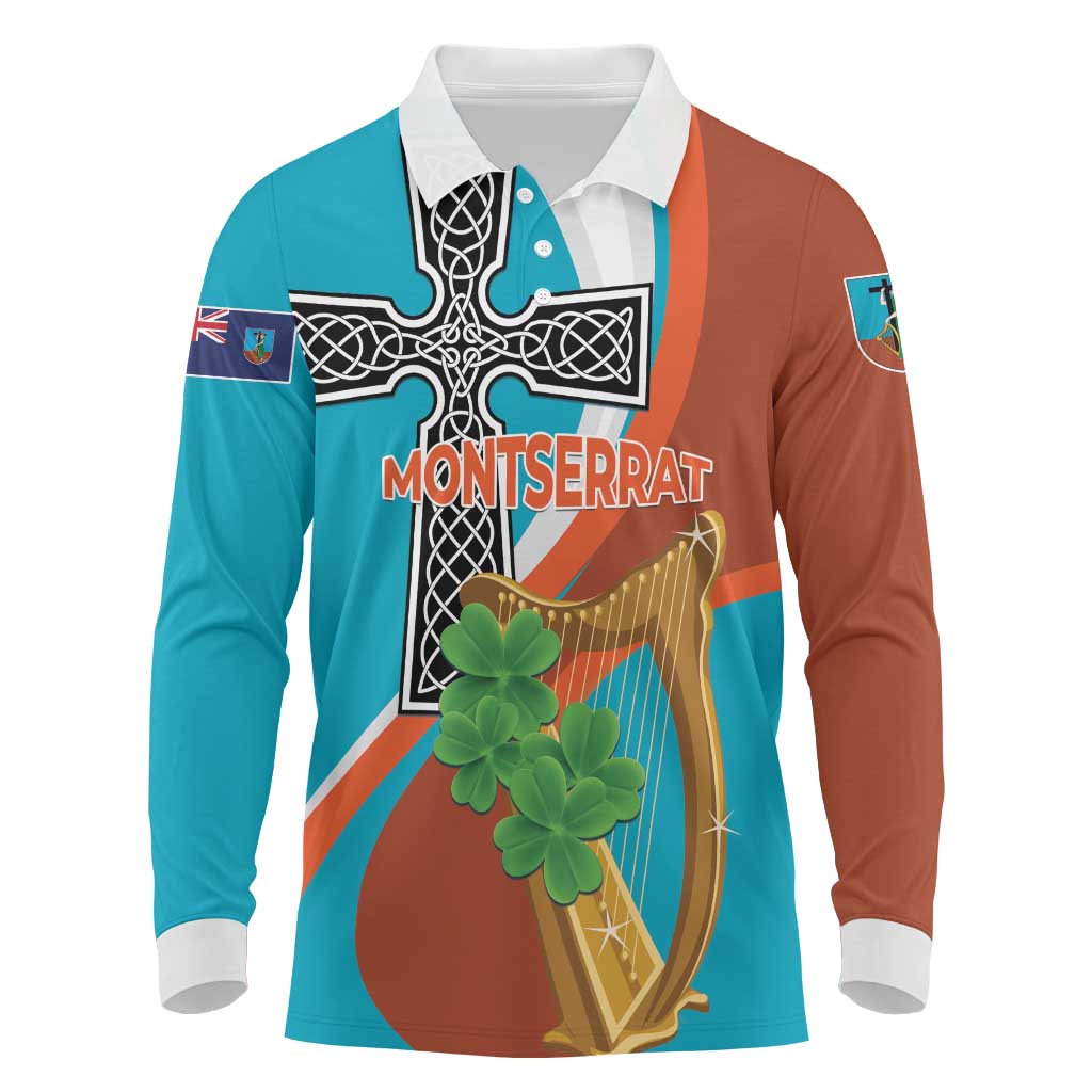 Personalised Montserrat Long Sleeve Polo Shirt Gold Harp And Black Cross - Wonder Print Shop